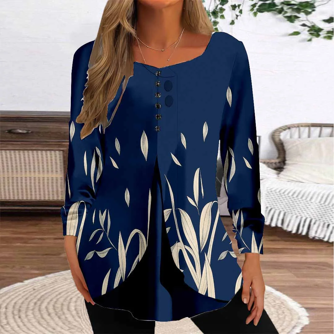 Women Floral,Blue DZGG8293 Long Sleeve Scoop Neck Printed Graphic Button Fake 2in1 Tops