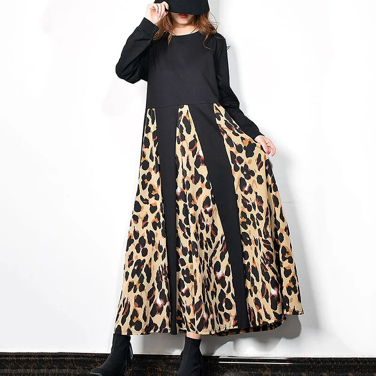 Temperament Crewneck Leopard Patchwork Long Sleeve Dresses      