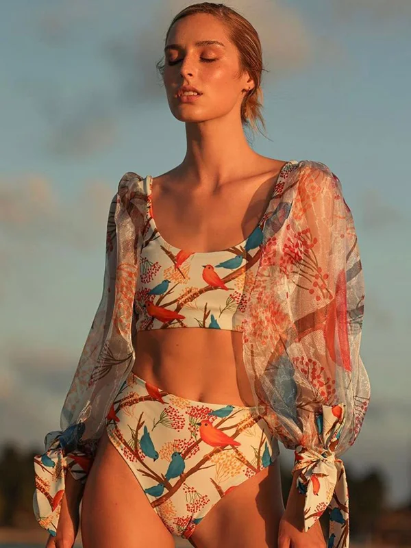 Puff Sleeves Floral Printed Bikini Swimwear