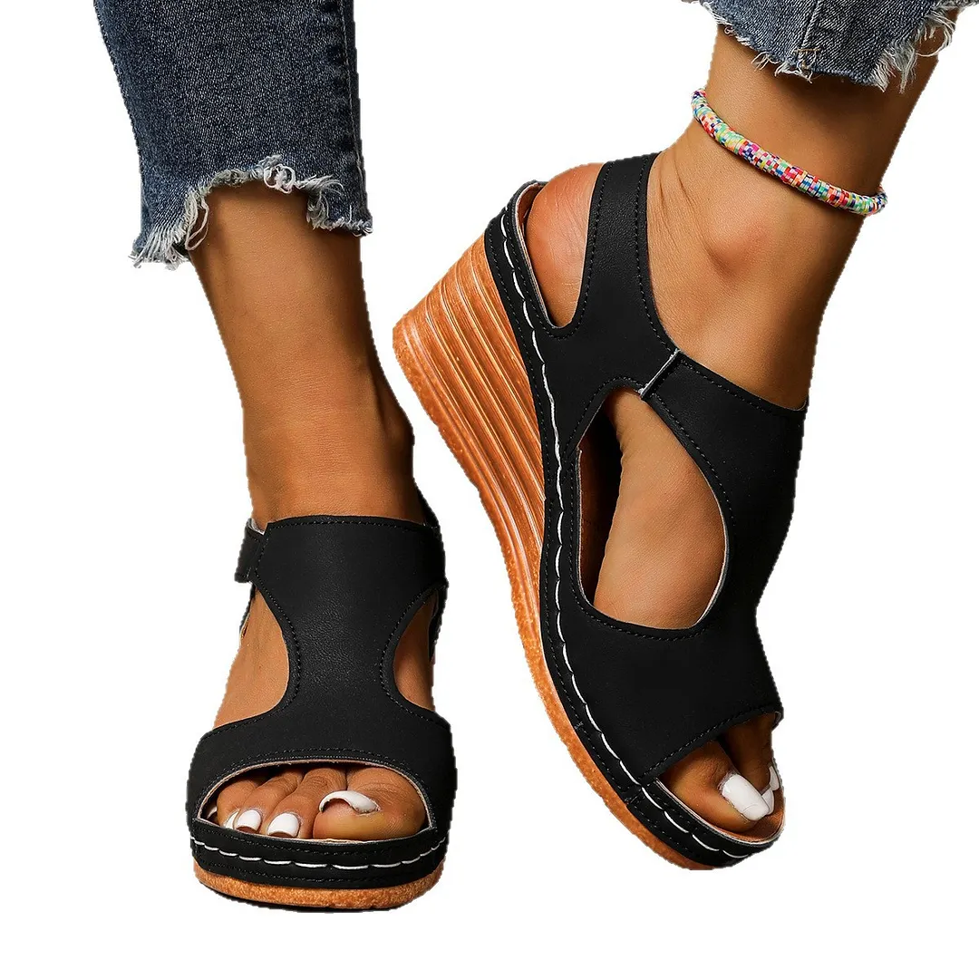 Breakj Breakj New 2025 Large-Size Sandals Women's Car Sewing Breathable Magic Sticker Hollow Slope Heel Sandals Woman