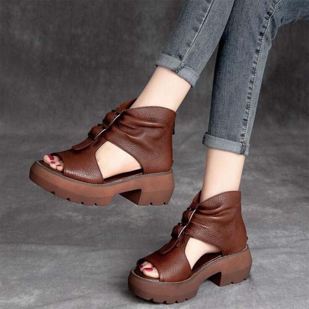 Full Brown Round Toe Leather Gladiator Sandals With Platform Buckles Lug Sole Nicepairs