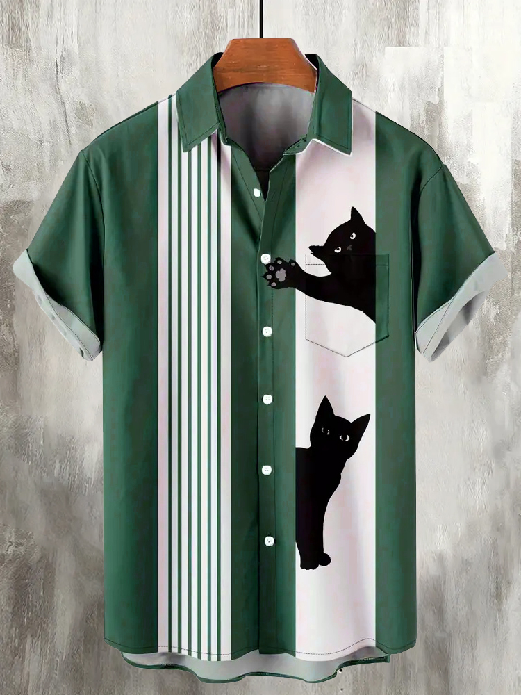 menweary Greeting Cat Print Men's Linen Shirt
