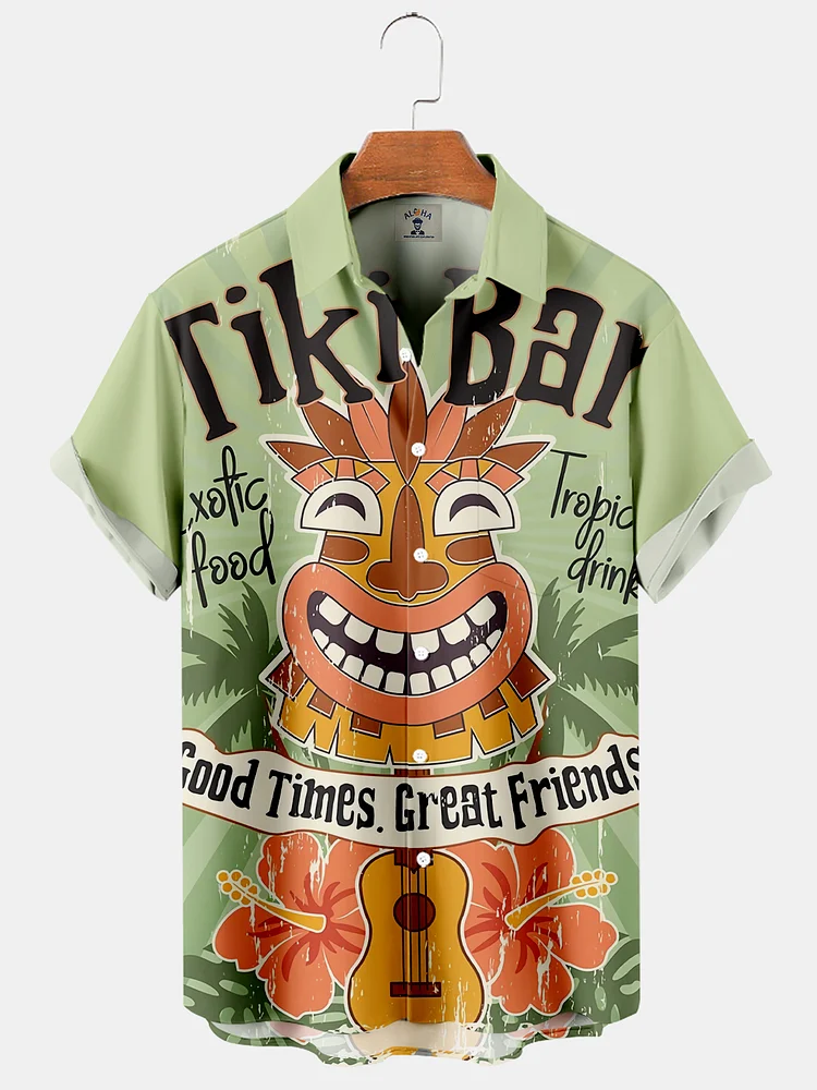Men's Casual Hawaiian TIKI BAR Mask Print Short Sleeve Shirt