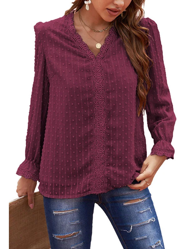 Lace Long Sleeves Pure Color V-Neck Blouses&Shirts Tops