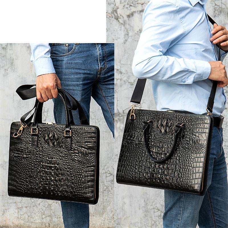 Vintage Genuine Leather Crocodile-Textured Style Top-Handled Business Bag