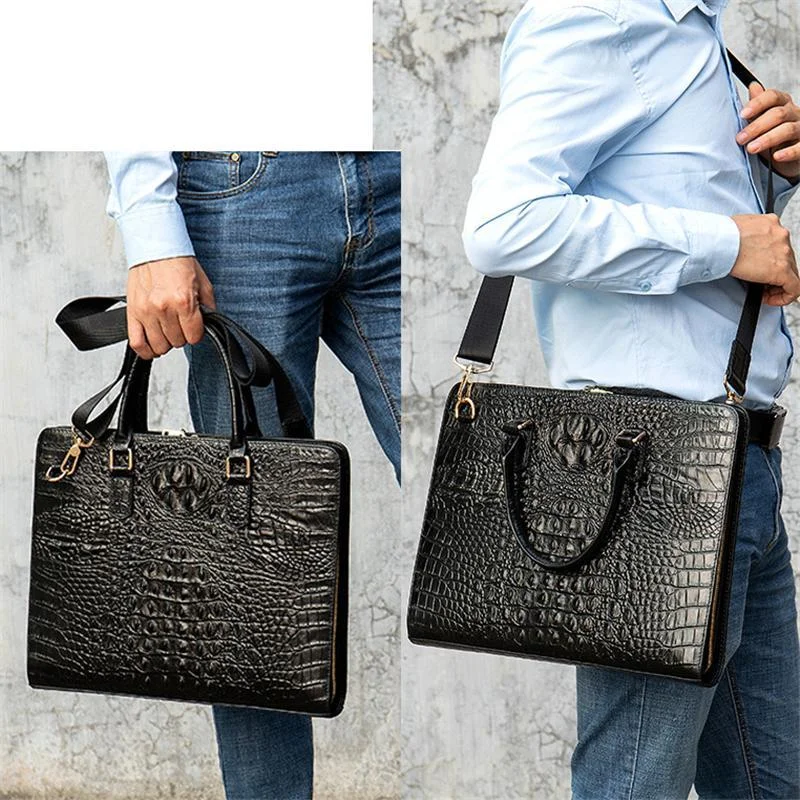 Vintage Genuine Leather Crocodile-Textured Style Top-Handled Business Bag