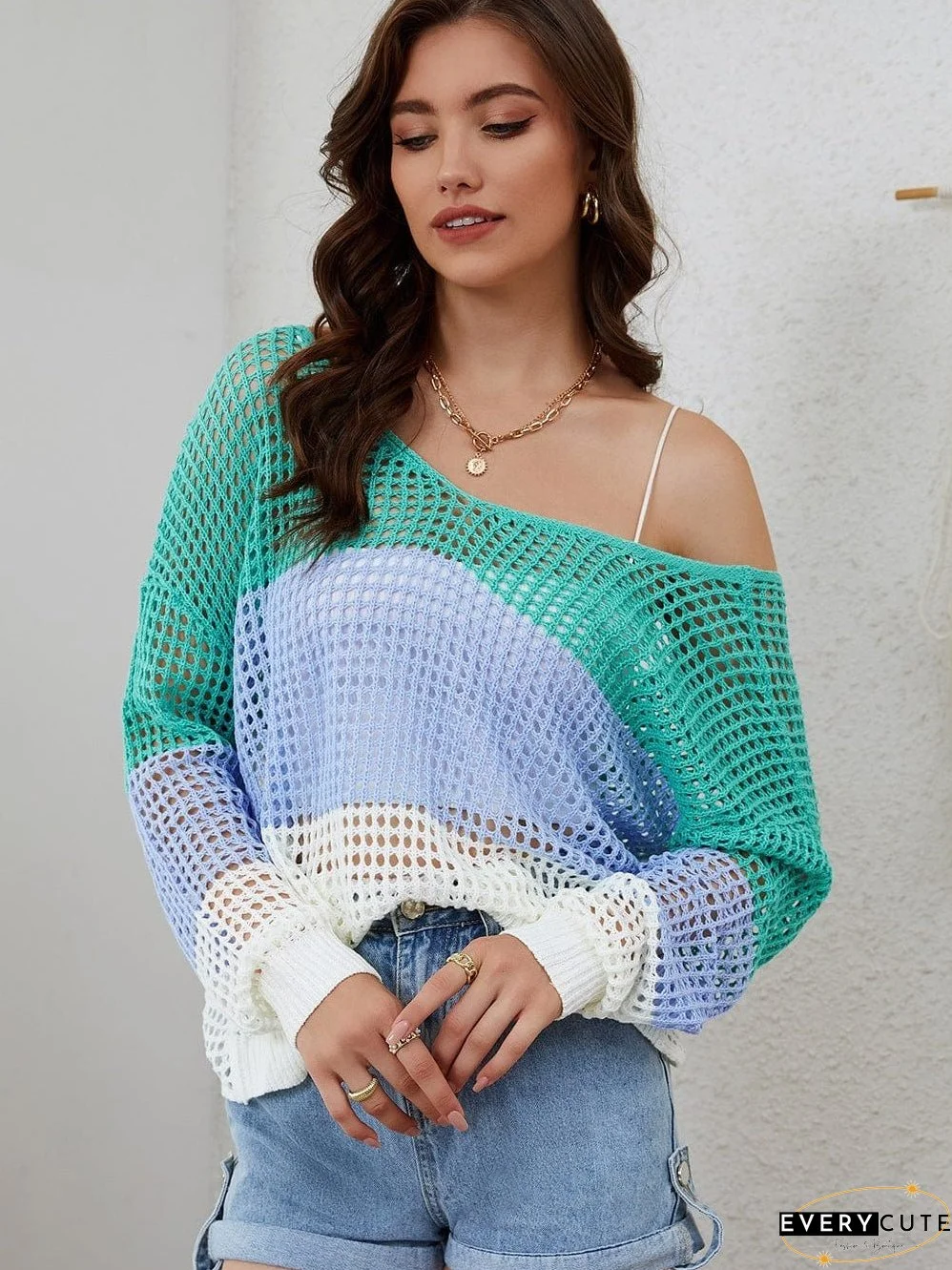 Colorful Eyelet Twist Back Knit Top with Long Sleeves