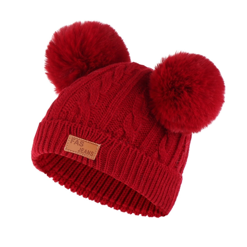 Autumn And Winter Children’s Thickened Wool Hat Ear Double Hair Ball Warm Ear Protection Knitted Hat Set With Standard Solid Color Hat