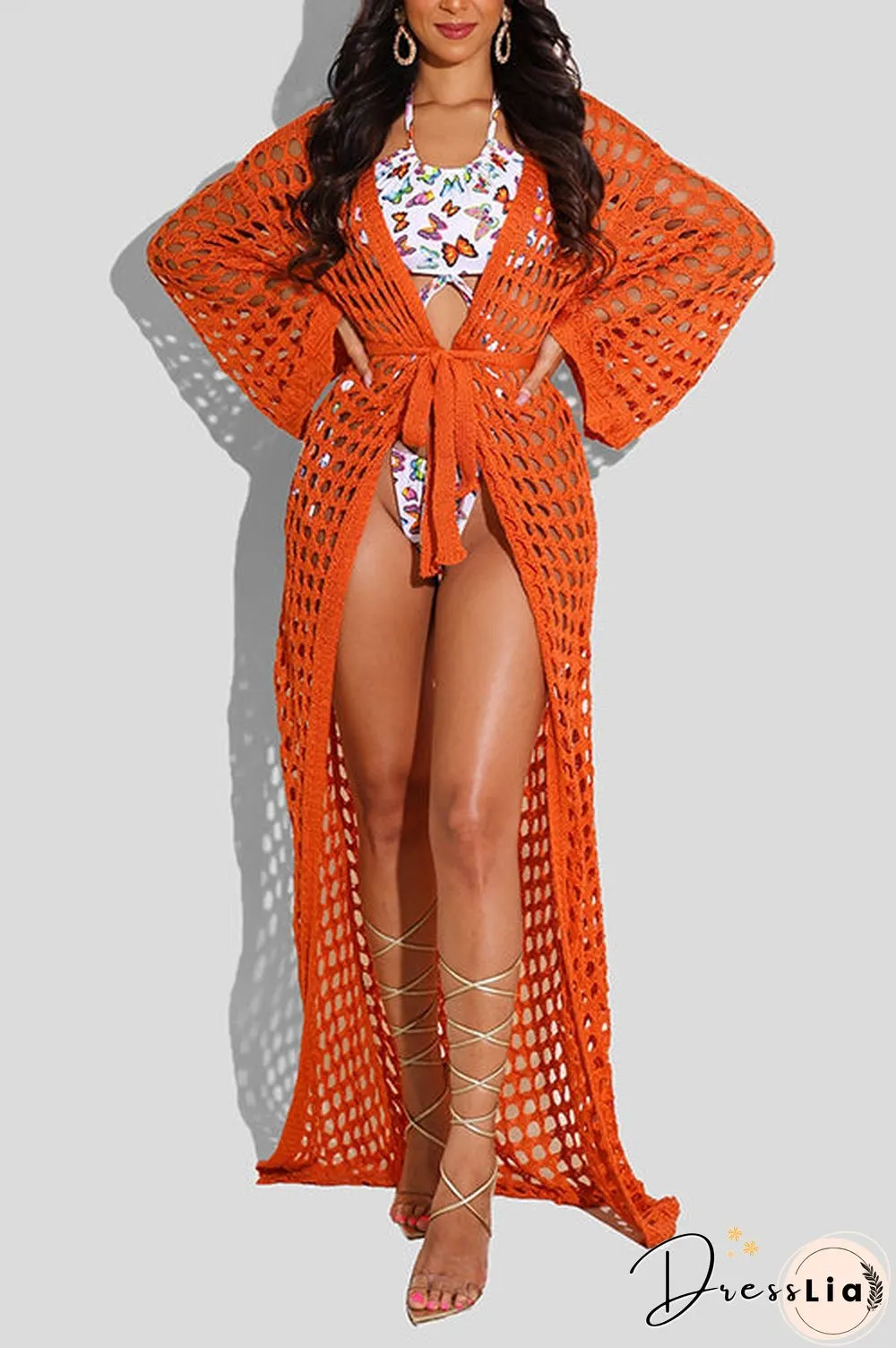 Knitted Pierced Solid Color Beach Coat