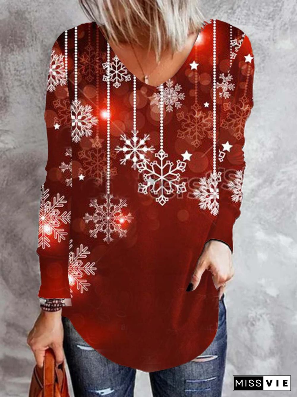 Christmas Snowman V Neck Cotton Blends T-shirt