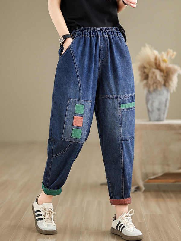 Women's loose Casual Vintage Patch Embroidered Oversized Jeans Pants
