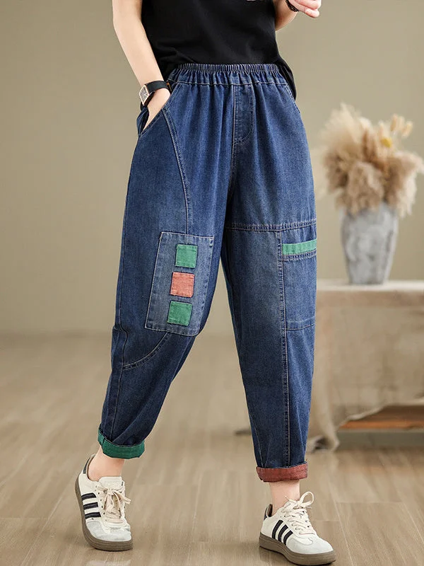 Women's loose Casual Vintage Patch Embroidered Oversized Jeans Pants