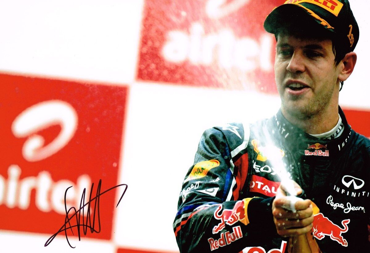 Sebastian Vettel HAND SIGNED F1 Podium 12x8 Photo Poster painting Red Bull AFTAL Autograph COA