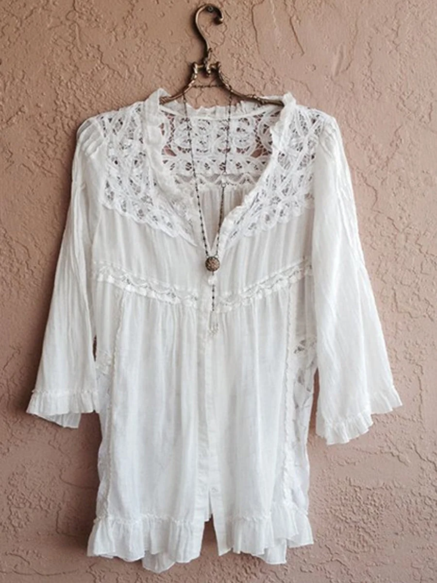 Women's V-neck Floral Lace Back Casual Linen Shirt