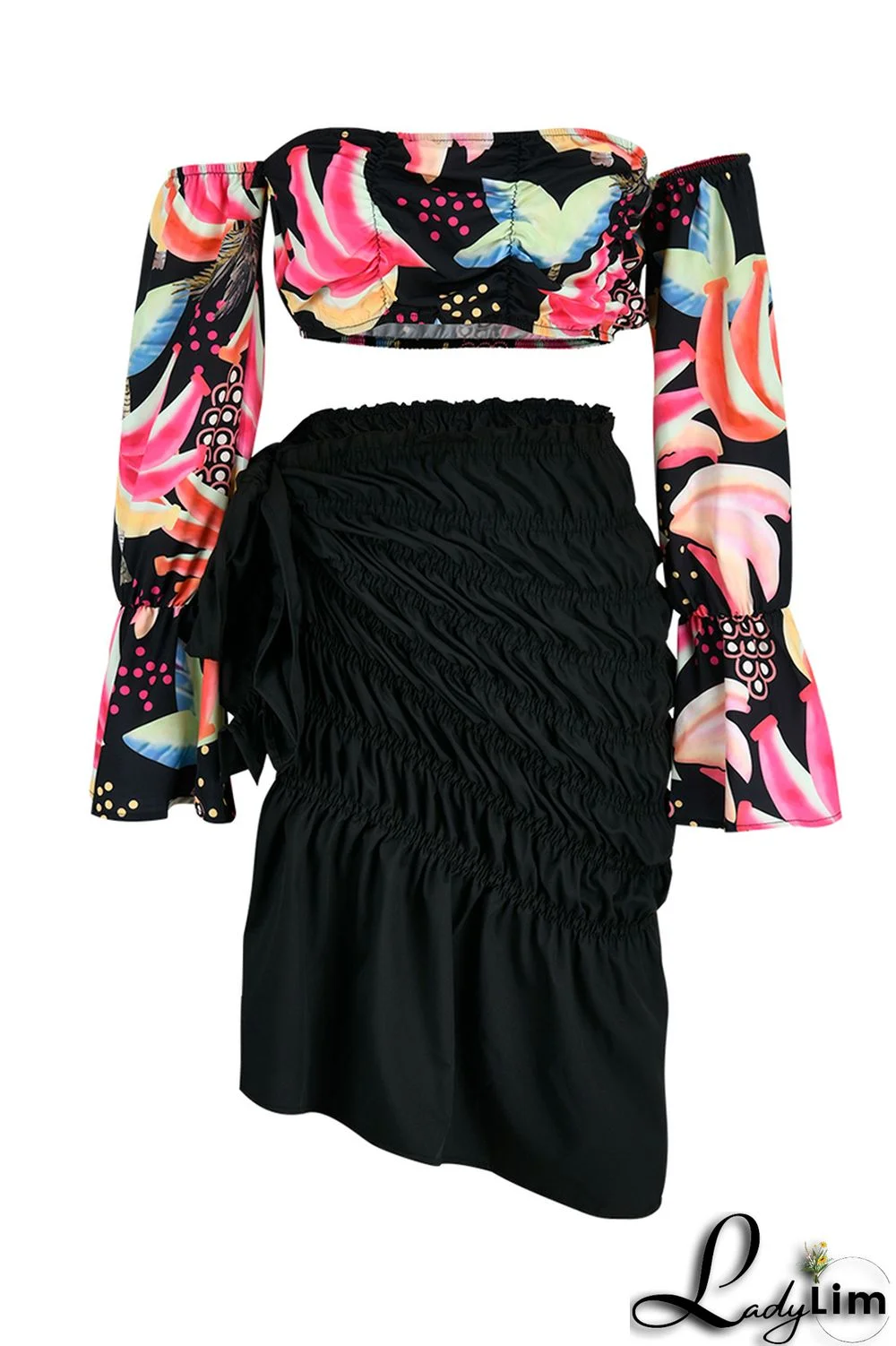 Orange Fashion Sexy Print Backless Slit Off the Shoulder Long Sleeve Two Pieces