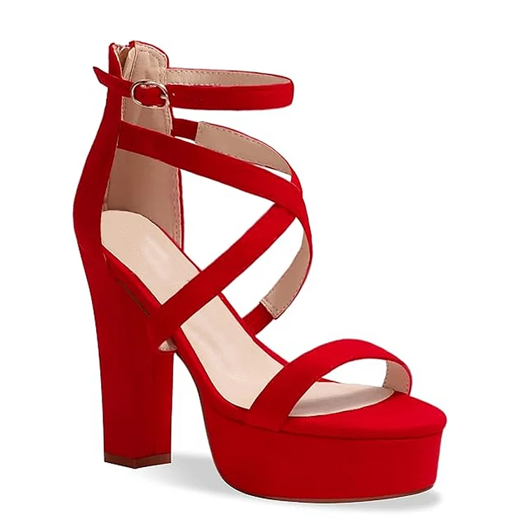 125mm Red Bottom Heels Party Sandals Peep Toe Platform Cross Ankle Strap Pumps Chunky High Heels  VOCOSI VOCOSI