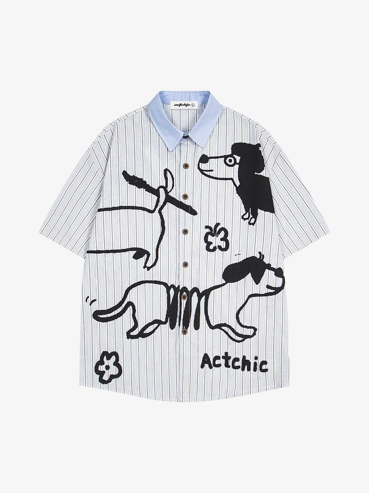 Blue Actchic Puppy Embroidery Stripe Short Sleeve Shirt Front