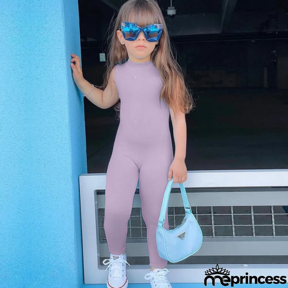 Kids Girls Fashion Sleeveless Solid Color Jumpsuit