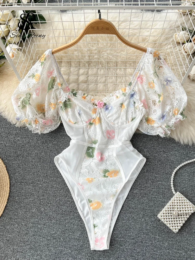 Huibahe Women Lace Floral Print Bodysuits Short Sleeves Transparent Inside wear Rompers Ladies Backless Beach Sexy Palysuits