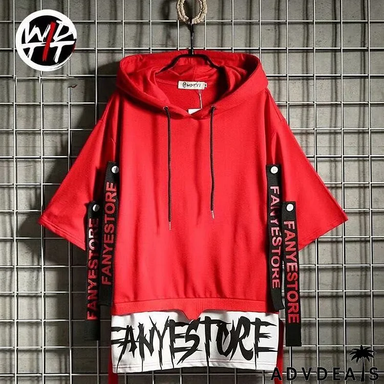 Men Street Short Sleeve Hat Rope Patchwork Letter Printed Hoodie