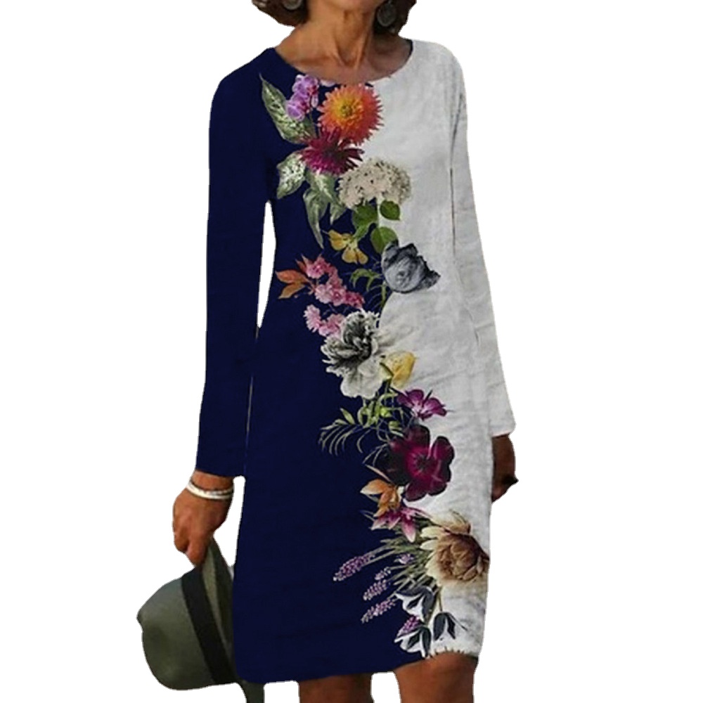 Fashion Floral Long Sleeve O Neck Casual Retro Dress