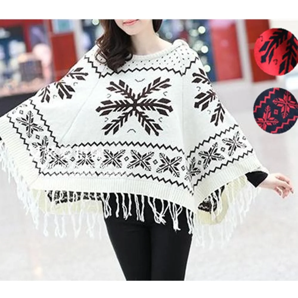 White/Black/Red Tassels Knitted Hoodie Cape SP153488