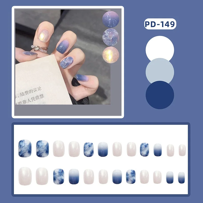 24Pcs Fashion Short Round Head Fake press on Nail Cute MilkTea Color Shiny Gold Foil Blooming Gradient artificial nail with glue-Nail Inspo