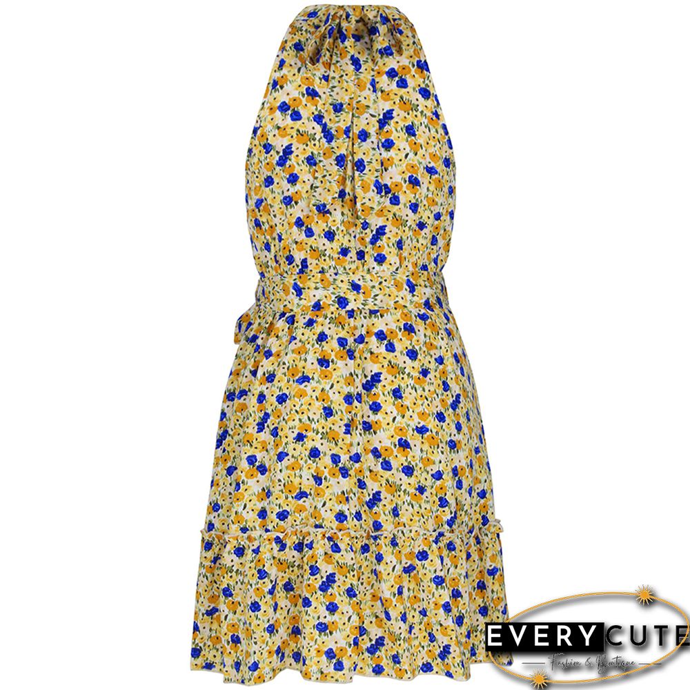 Yellow Sleeveless Halter Floral Dress with Belt