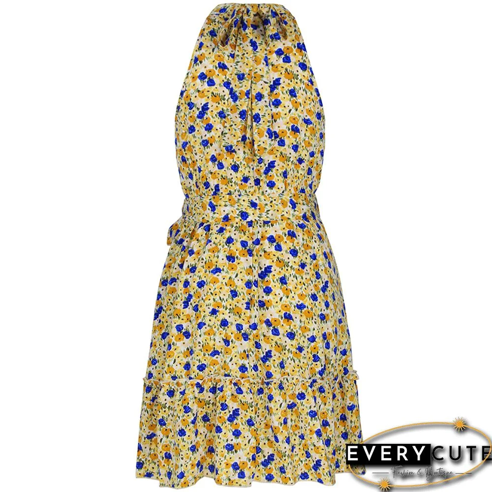 Yellow Sleeveless Halter Floral Dress with Belt