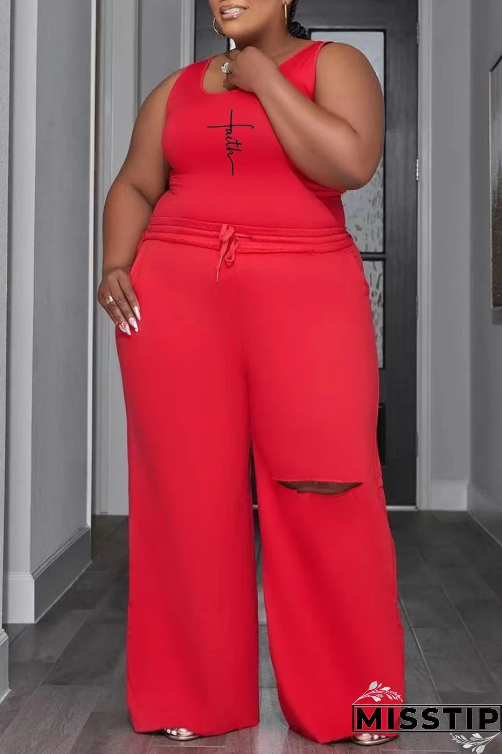 Red Casual Print Ripped U Neck Sleeveless Two Pieces