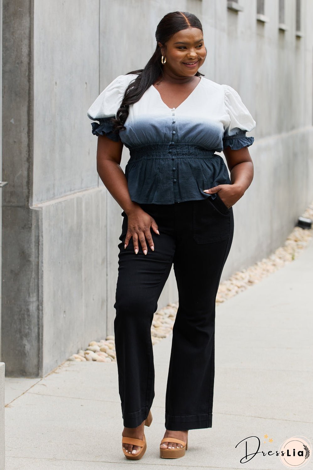 White Birch Full Size Smocked Waist Ombre Woven Top