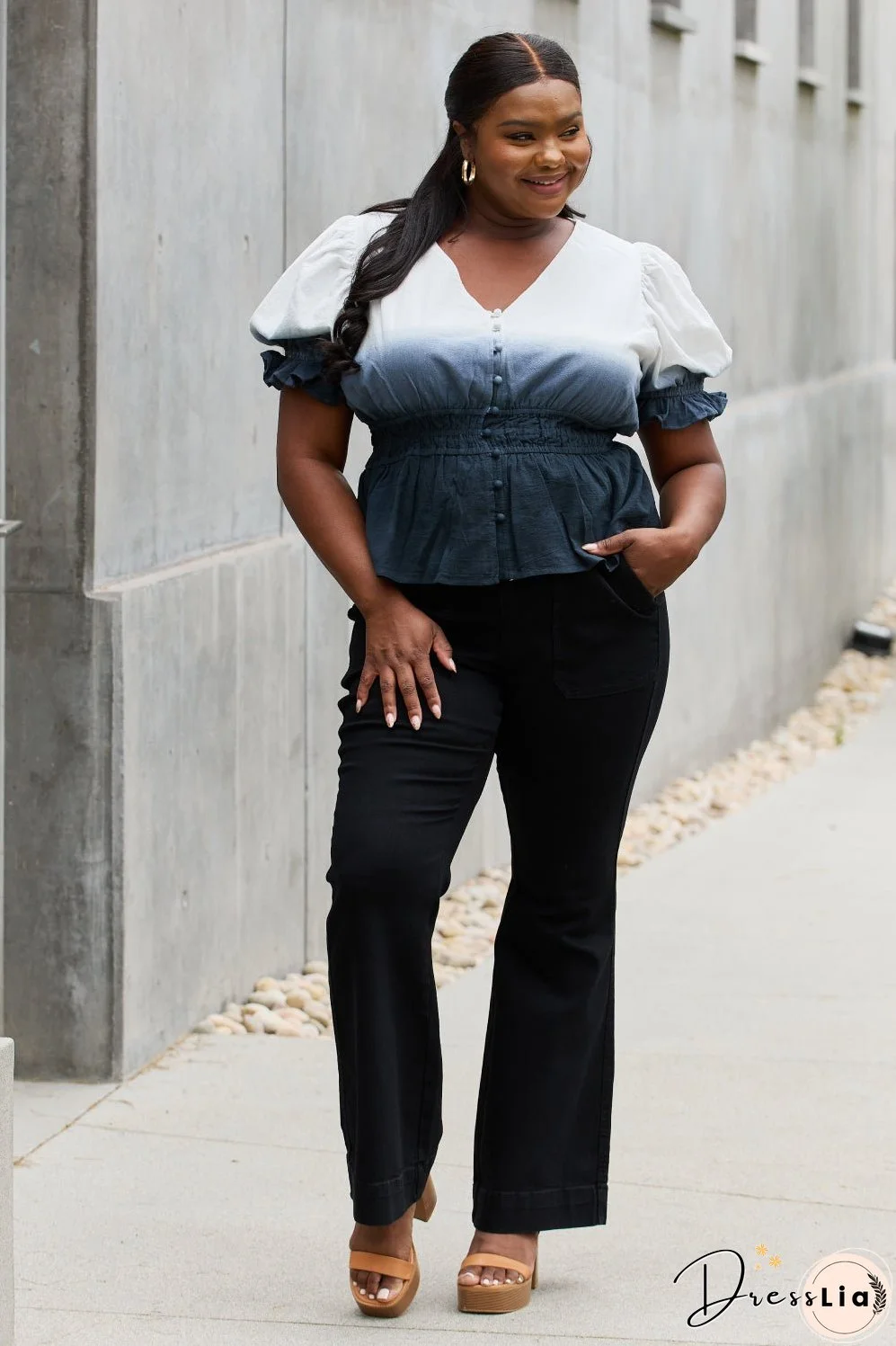 White Birch Full Size Smocked Waist Ombre Woven Top