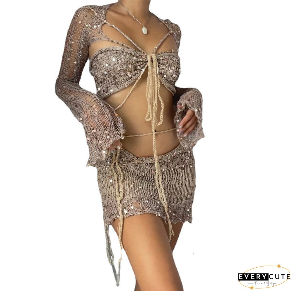 Women's Sequined Knitting Long Sleeve Three-Piece Skirt Set