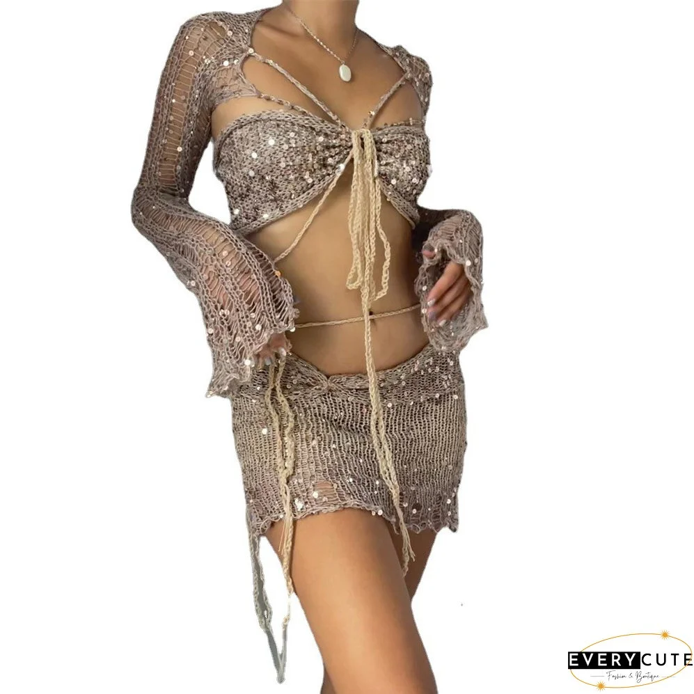 Women's Sequined Knitting Long Sleeve Three-Piece Skirt Set