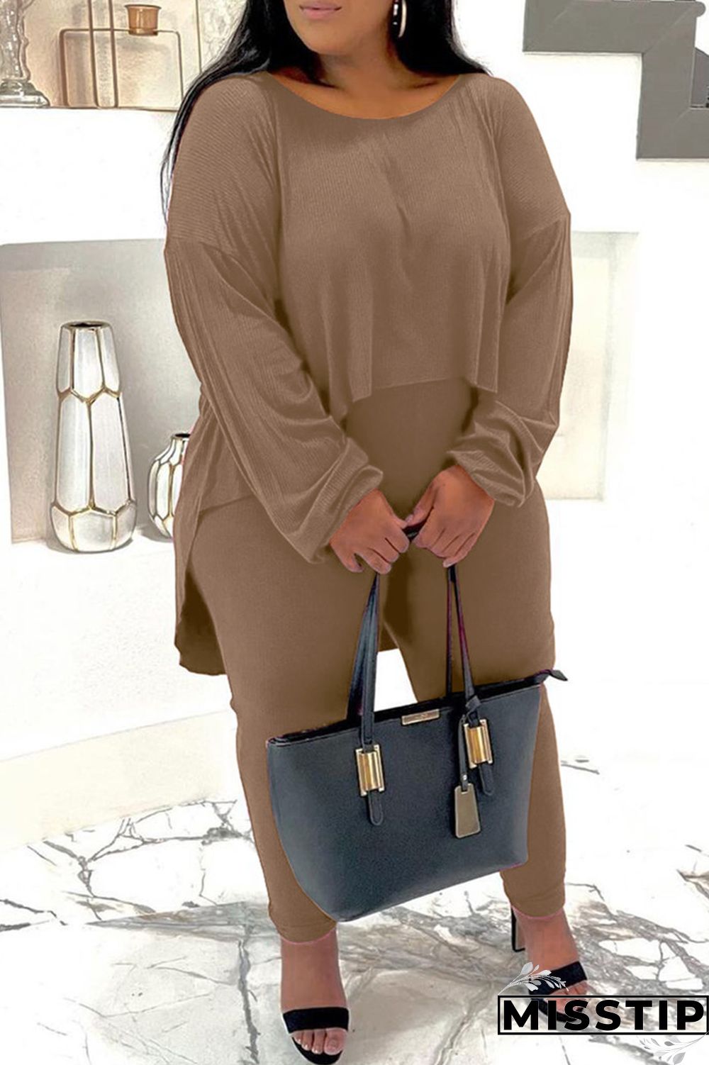 Burgundy Casual Solid Patchwork O Neck Plus Size Two Pieces