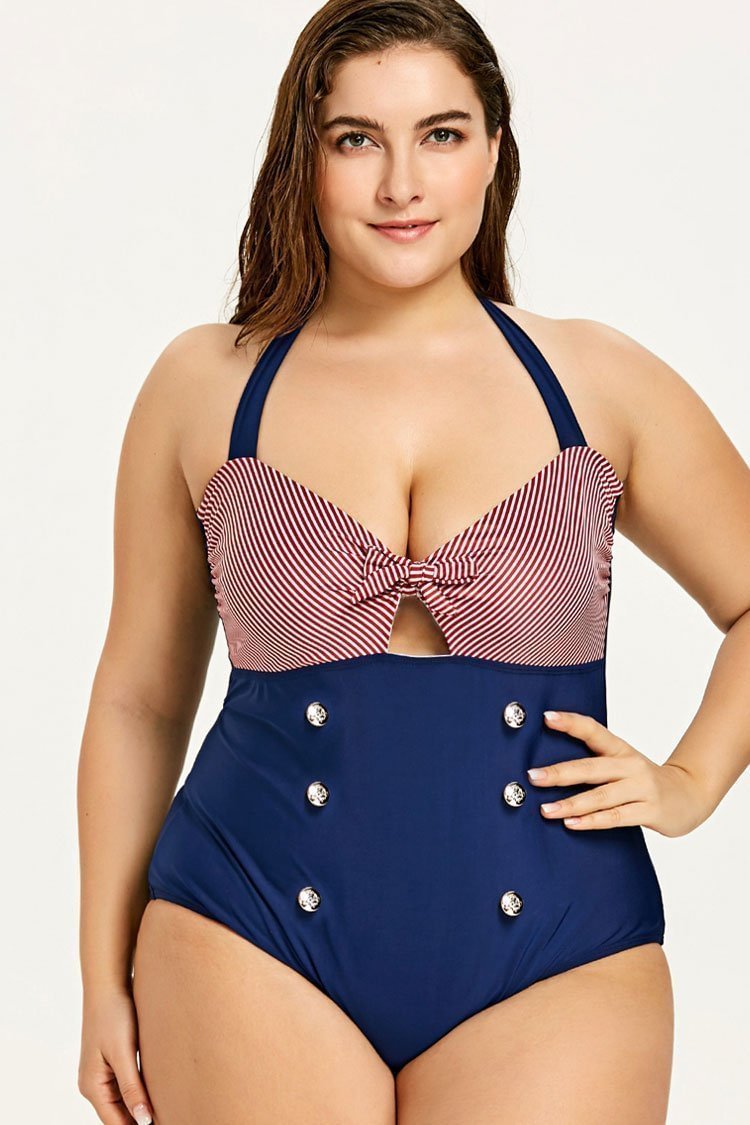 Plus Size Bowknot Nautical Striped Halter One Piece Swimsuit-elleschic