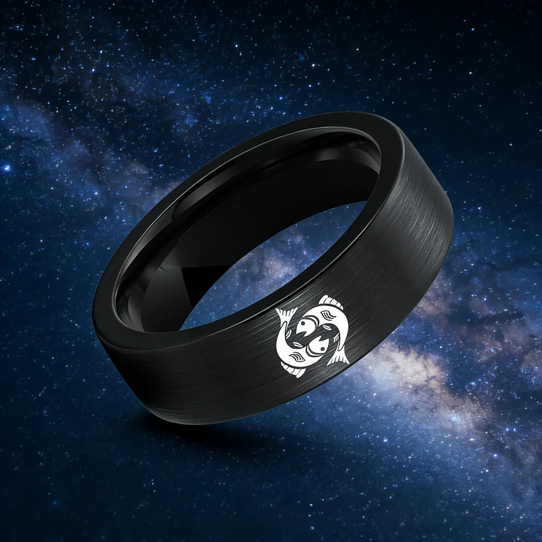 Pisces Tungsten Carbide Rings Black Flat Wedding Bands Comfort Fit Mens and Womens 4MM 6MM 8MM Width