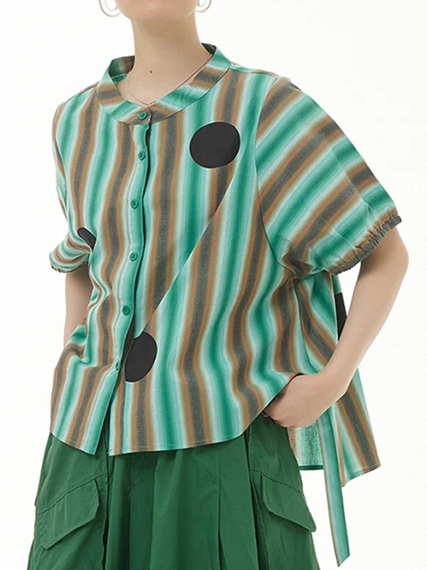 Roomy Short Sleeves Polka-Dot Striped Round-Neck Blouses&Shirts Tops