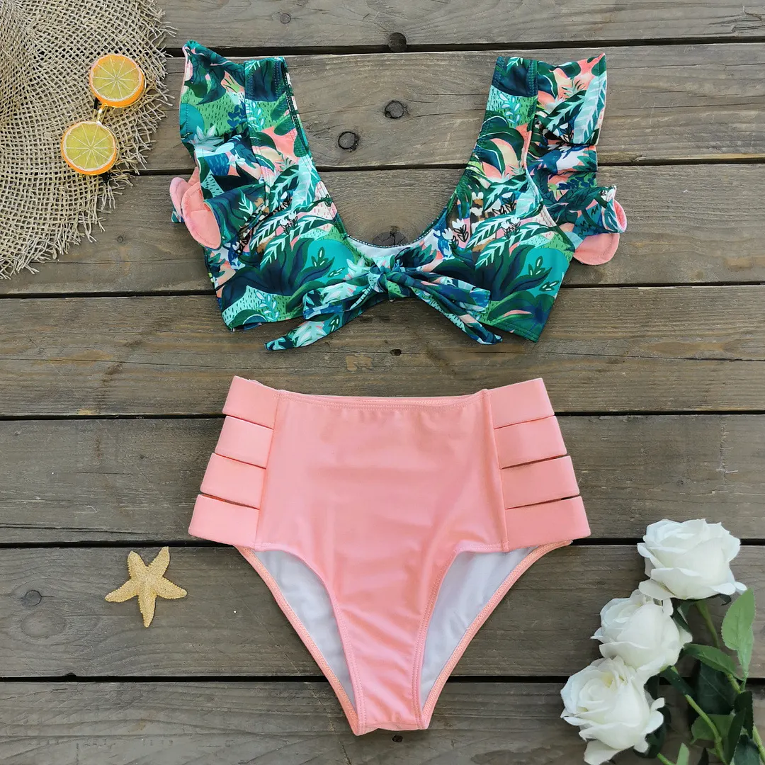 Brownm Bikini2025 New Lotus Edge Bikini Split Swimsuit Sexy High Waist