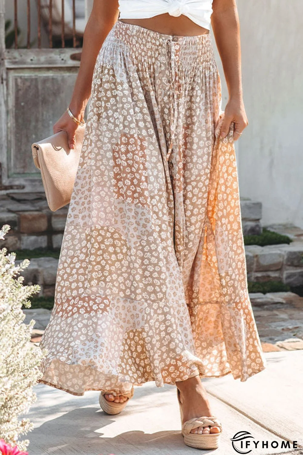 Apricot Boho Flower Print Smocked Waist Button Slit Maxi Skirt | IFYHOME