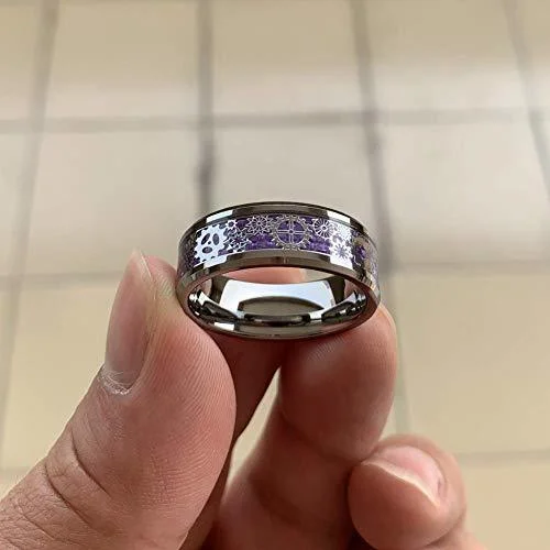 6MM 8MM Women's or Men's Tungsten Carbide Wedding Watches Gear Rings Violet Purple Carbon Fiber Inlay Silver Band with Silver Mechanical Gears