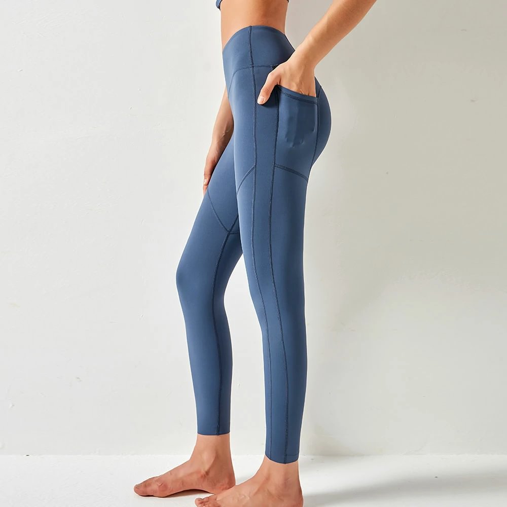 Blue high waist tights with pockets at Hergymclothing sportswear online shop
