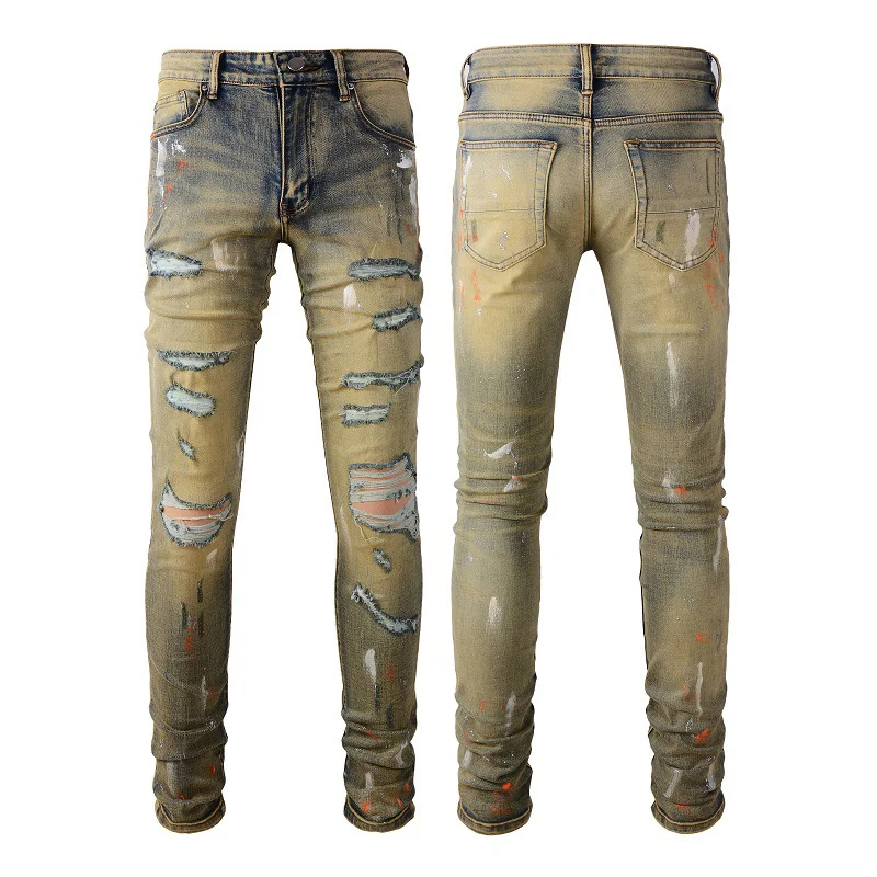 Men's High Street Jeans Ink-splashing Graffiti Ripped Skinny Jeans Biker Jeans