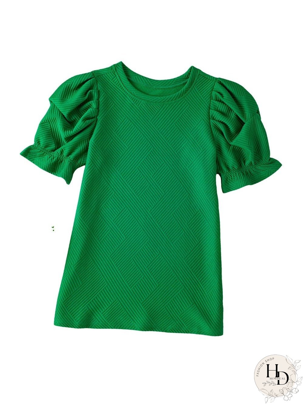 Elegant Dark Green Ruffled Textured Puff Sleeve Blouse