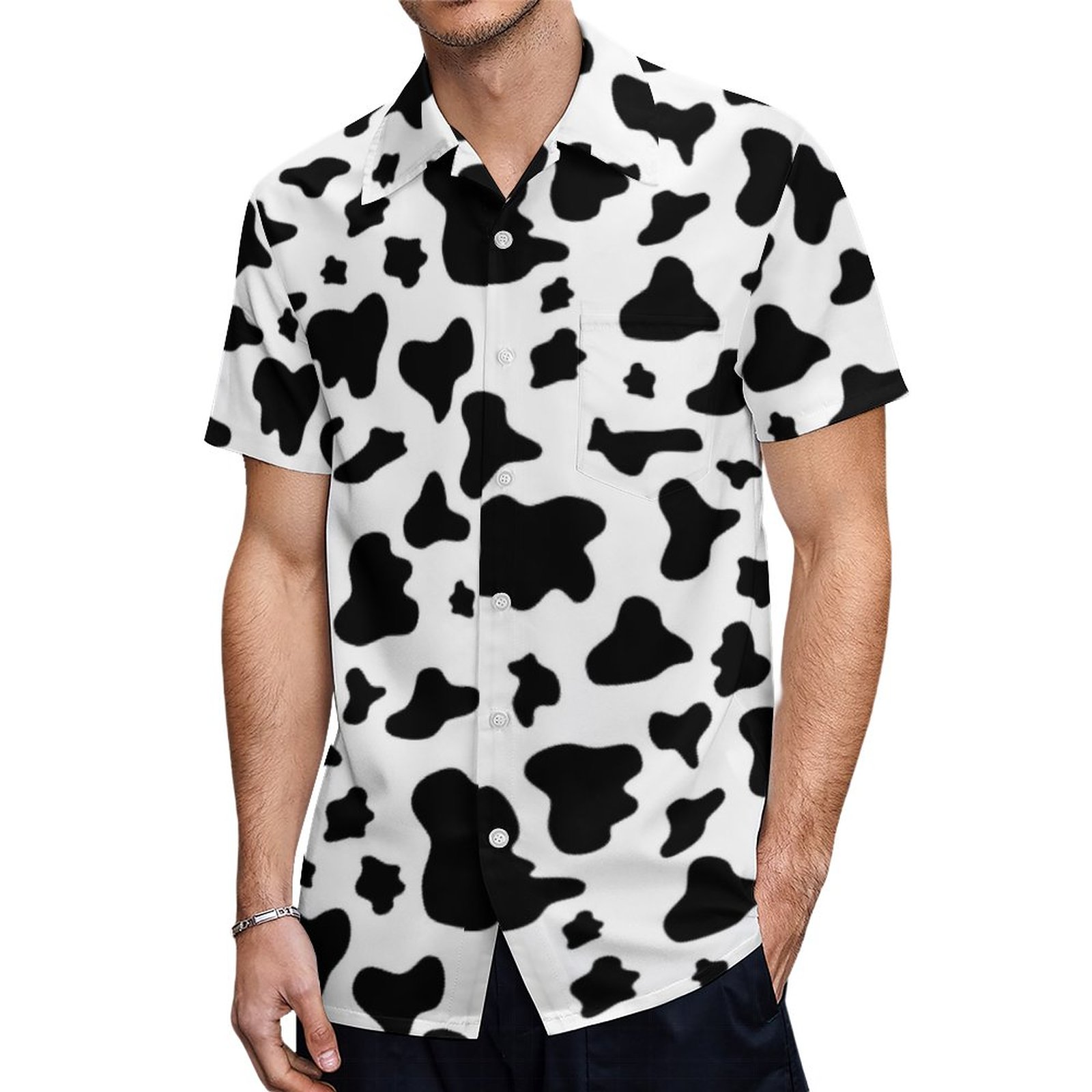Black White Cow Print Hawaiian Shirt Mens Button Down Plus Size Tropical Hawaii Beach Shirts