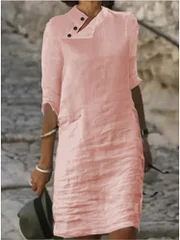 Cgacest Spring Summer Casual Loose Dress 2025 Women Button Neck Design Half Sleeve Midi Dresses For Women Elegant Beach Party Dresses