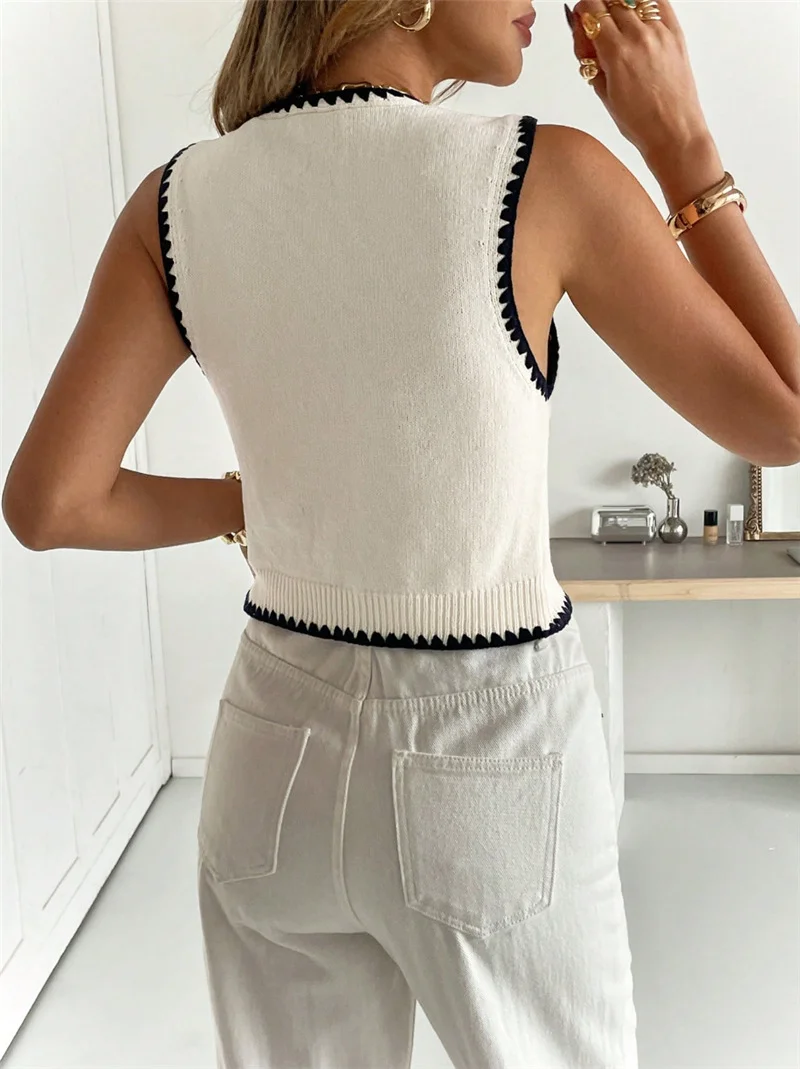 Athvotar Athvotar 2025 Women's Flower Decoration Single-Billed Casual Knitted Vest Sweater