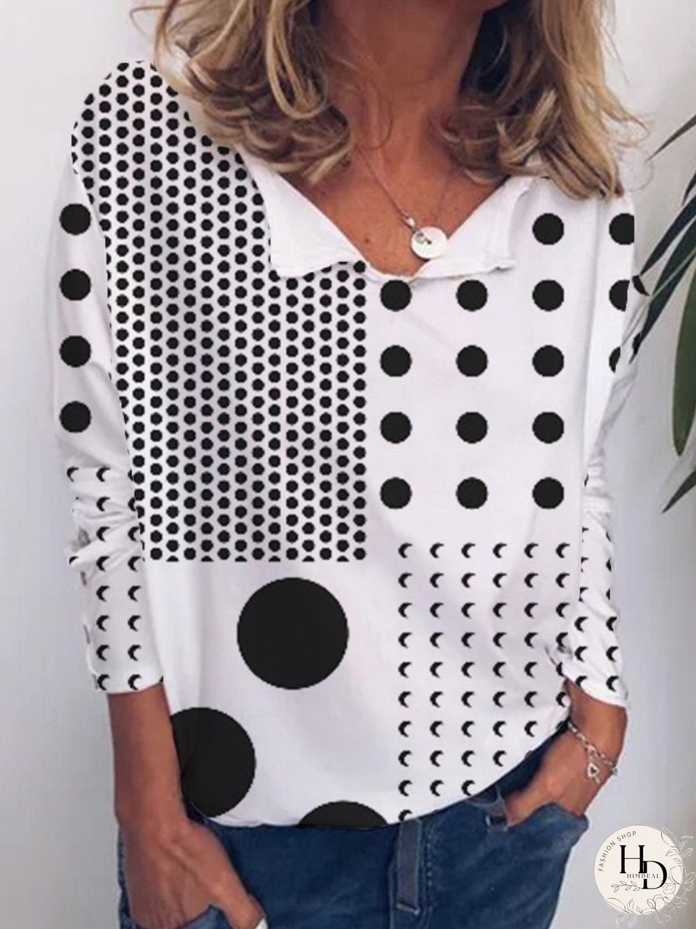 Casual Polka Dots V neck Loose Long Sleeve T-Shirt