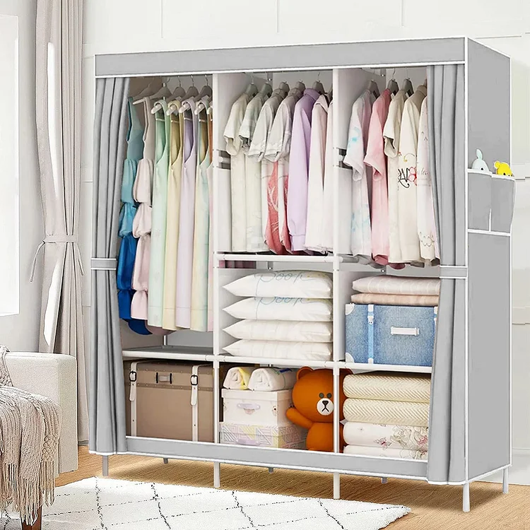 HONEIER Closet Wardrobe, 65x 73 inch Extra Large Portable Closet with 3 Hanging Rods, Shelves and 4 Side Pockets, Clothes Storage Organizer with Cover, Easy Assembly, Grey