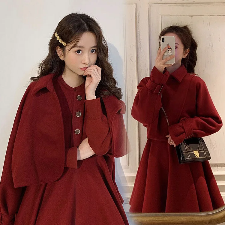 S-4XL Plus Size Red Korean Elegant Short Vintage Wool Jacket And Dress Suit BE414